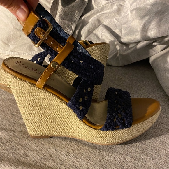 Lilly Pulitzer crocheted wrap heels wedges sandals navy 8.5 - Picture 4 of 6